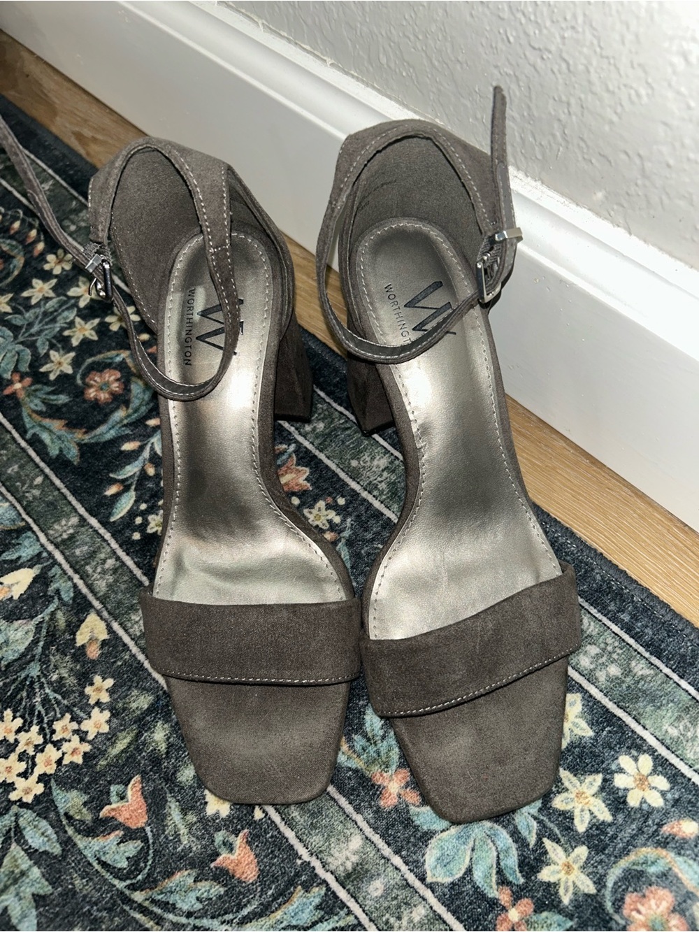 Worthington Taupe Suede Block Heel Sandals with Ankle Strap
